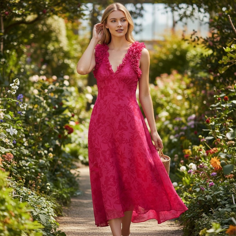 Adelyn Rae Fuchsia Pink Floral Ruffle V-Neck Midi Dress Small Barbiecore Bold